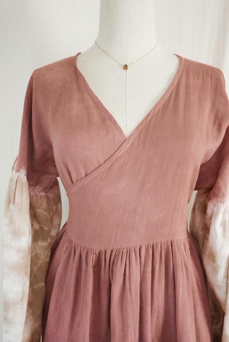 W-gauze Puff sleeve wrap long dress  Bordeaux x Brownsugar