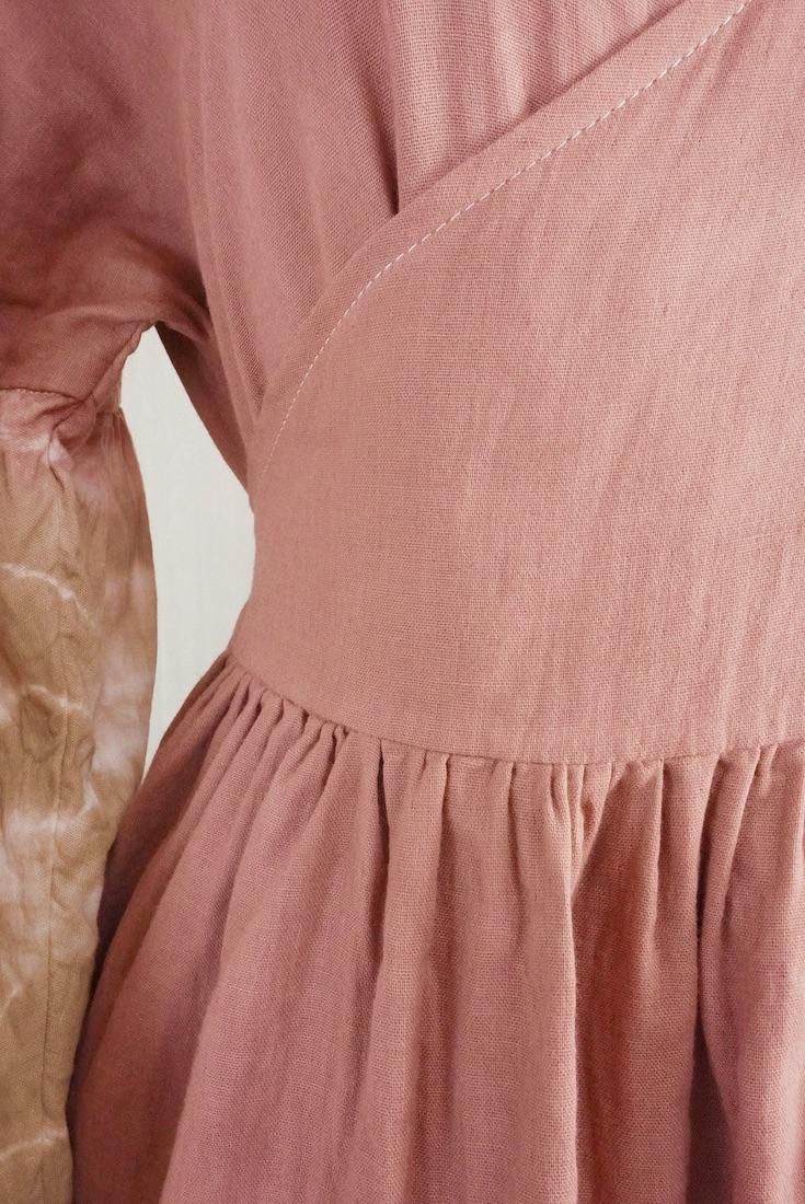 W-gauze Puff sleeve wrap long dress  Bordeaux x Brownsugar