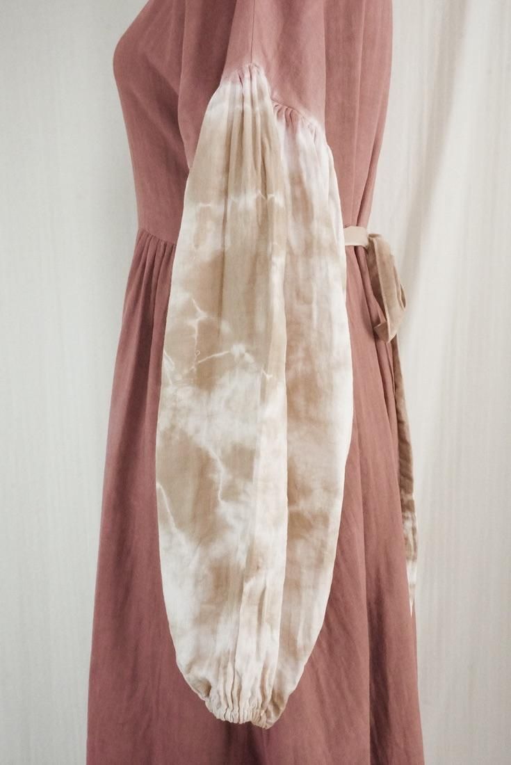 W-gauze Puff sleeve wrap long dress  Bordeaux x Brownsugar