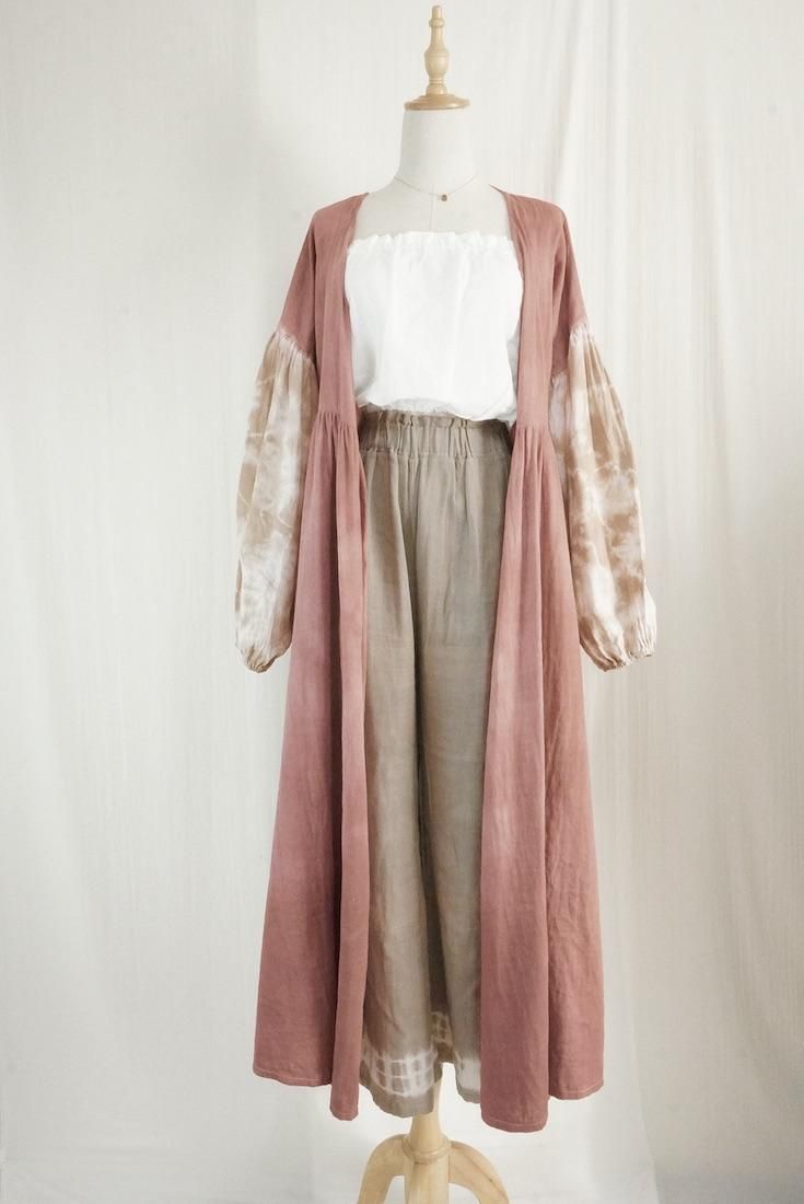 W-gauze Puff sleeve wrap long dress  Bordeaux x Brownsugar