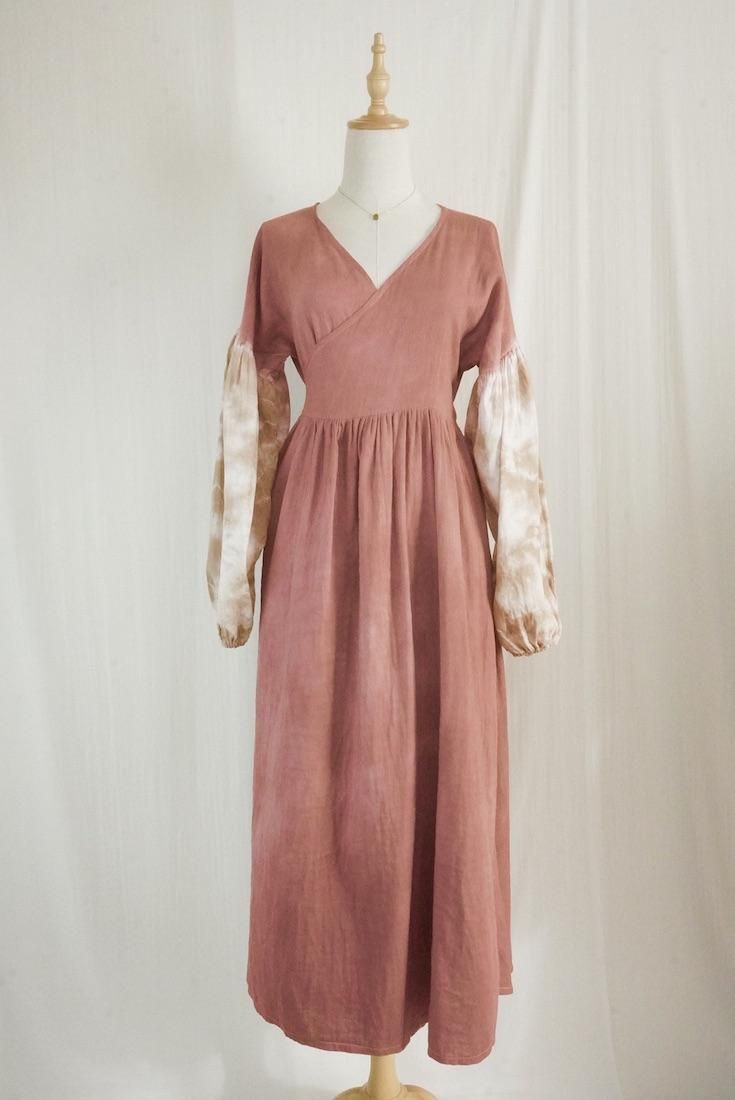 W-gauze Puff sleeve wrap long dress  Bordeaux x Brownsugar
