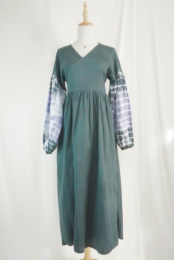 W-gauze Puff sleeve wrap long dress  Black x Lavender