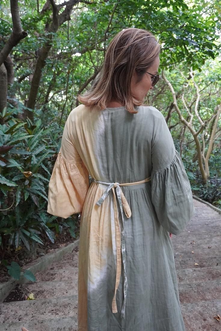 W-gauze Puff sleeve wrap long dress  Black x Lavender