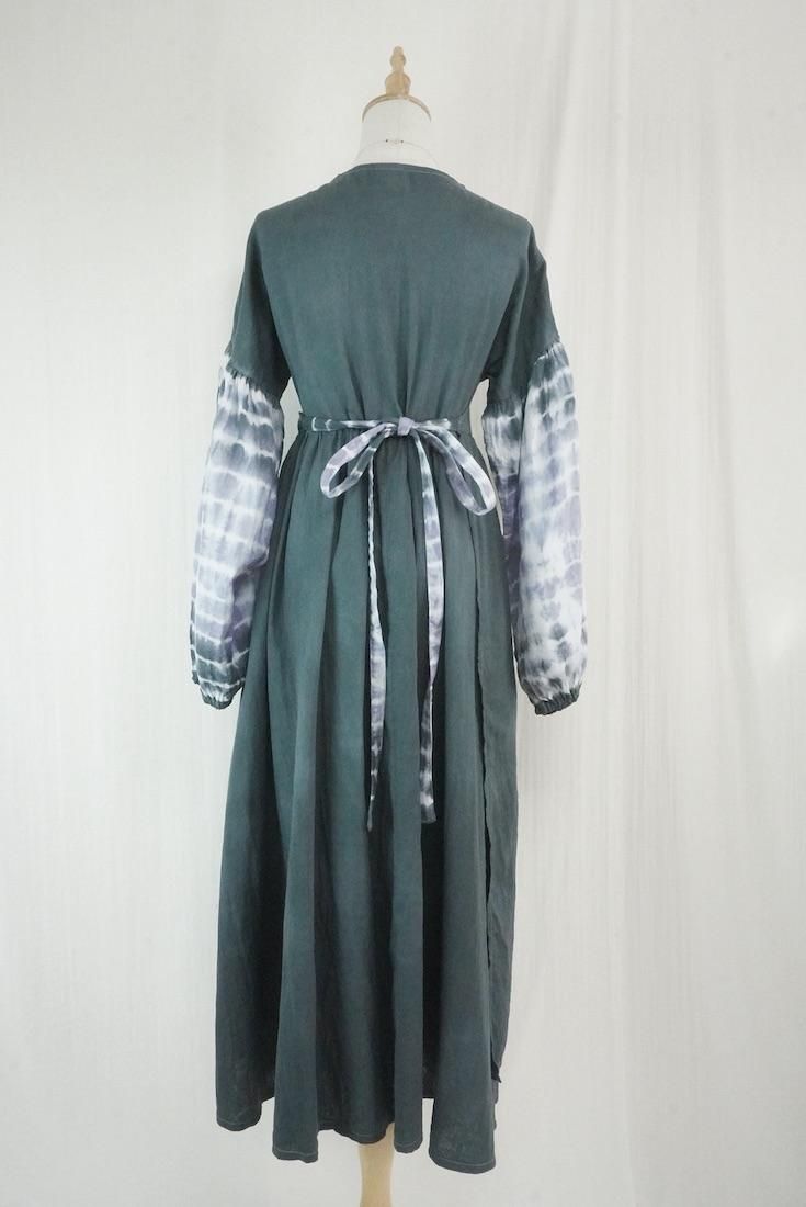 W-gauze Puff sleeve wrap long dress  Black x Lavender