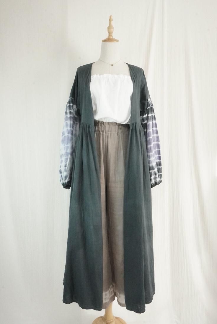 W-gauze Puff sleeve wrap long dress  Black x Lavender
