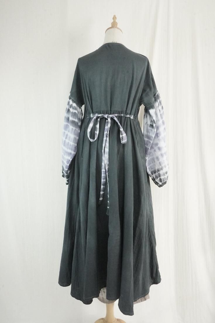 W-gauze Puff sleeve wrap long dress  Black x Lavender