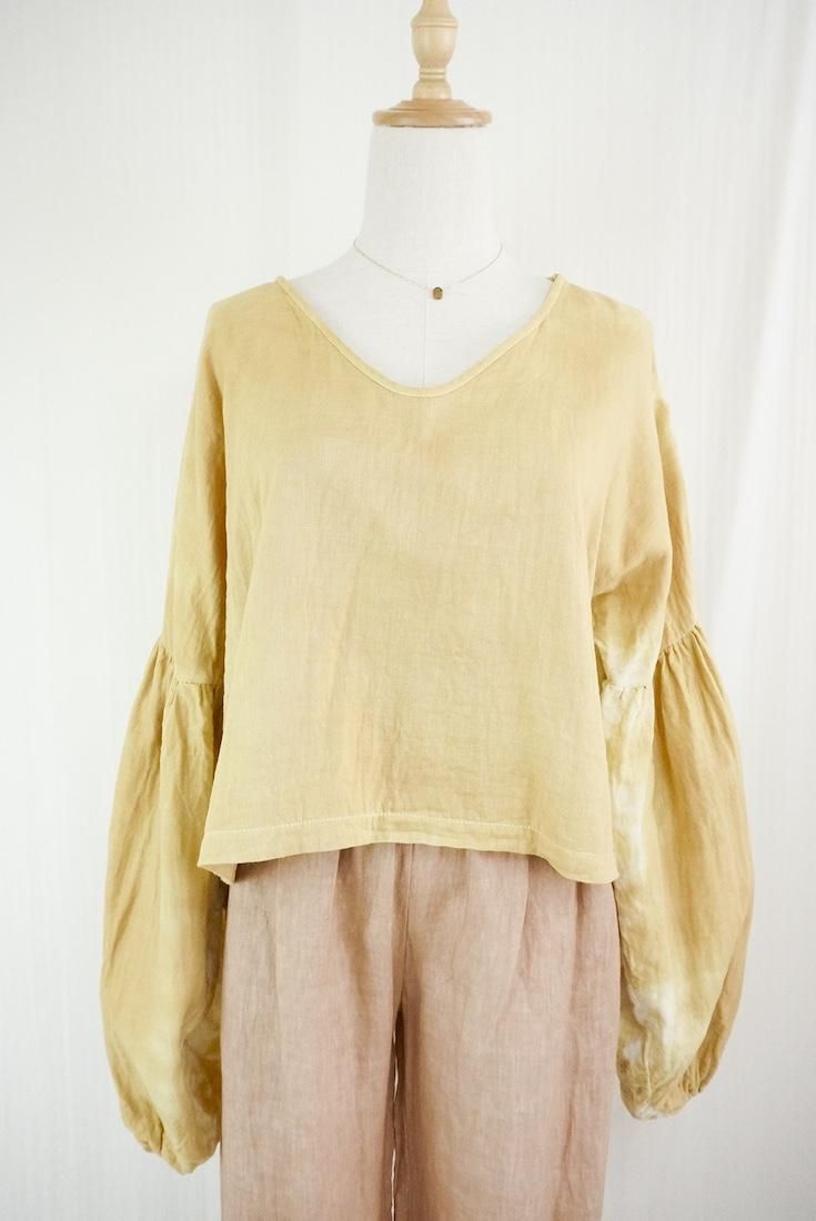 W-Gauze  Puff sleeve top Antique gold