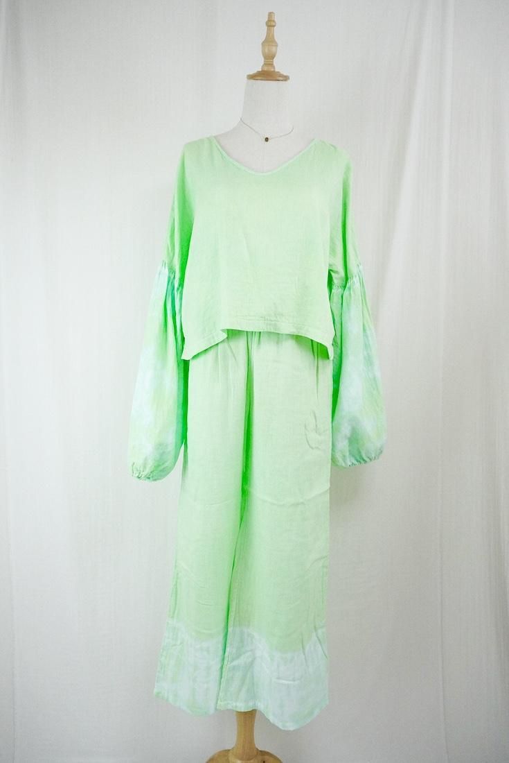 W-Gauze  Puff sleeve top Baby leaf