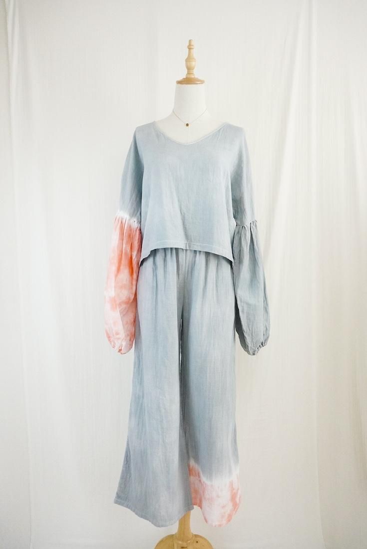 W gauze Relax Pants Gray x Salmon