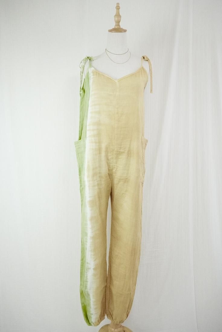 W-gauze  Ribbon long rompers  AntiqueGold x Olive