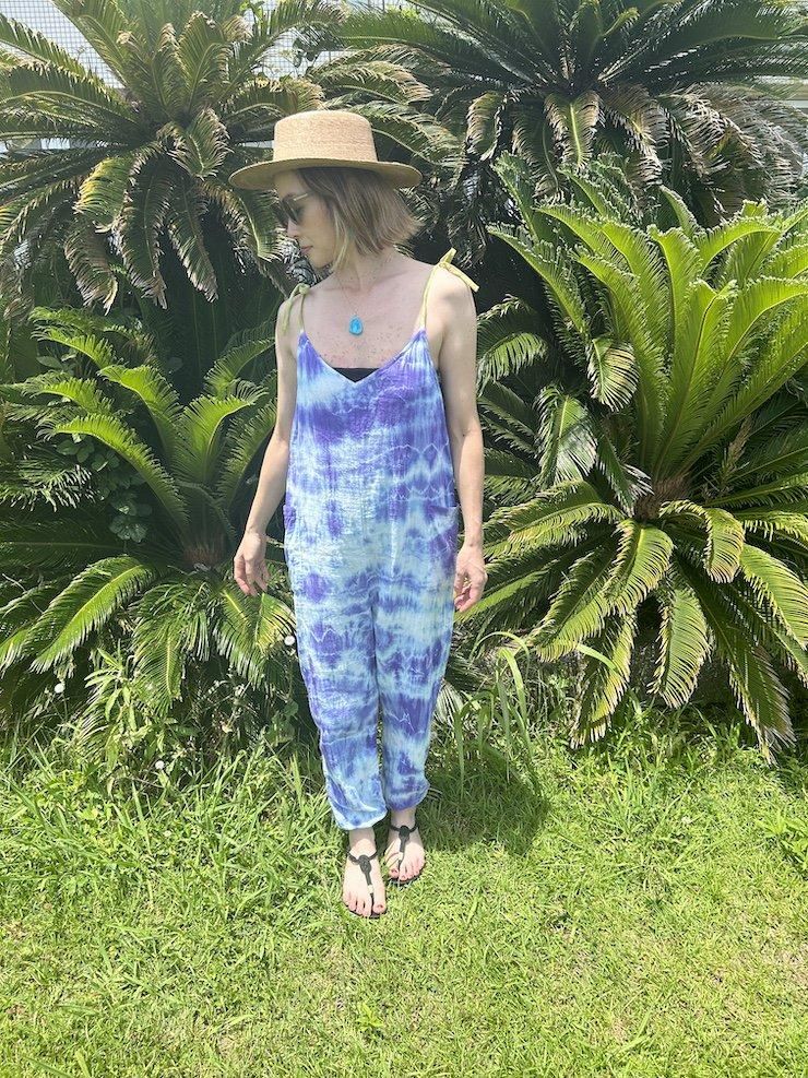 W-gauze  Ribbon long rompers  Gray x Bluejeans