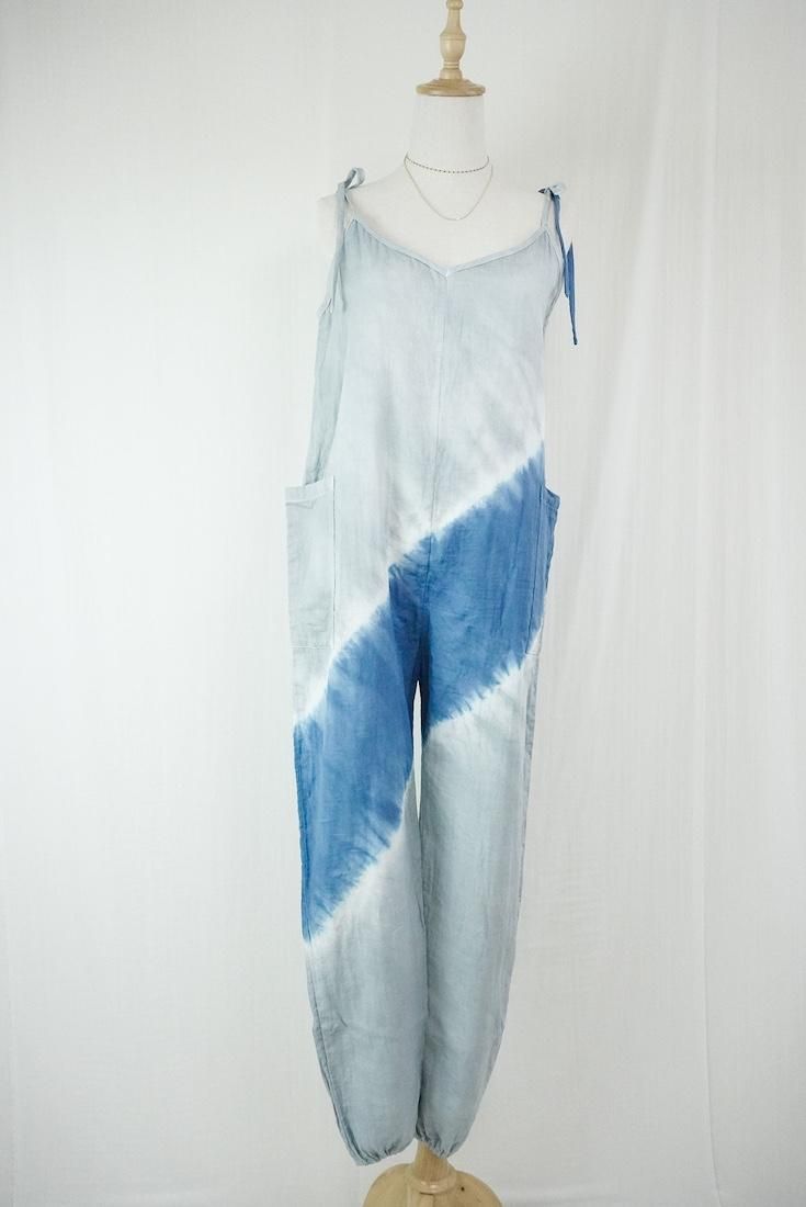 W-gauze  Ribbon long rompers  Gray x Bluejeans