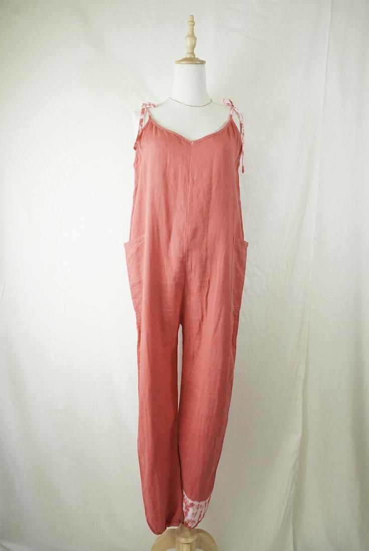 W-gauze  Ribbon long rompers  Hibiscus