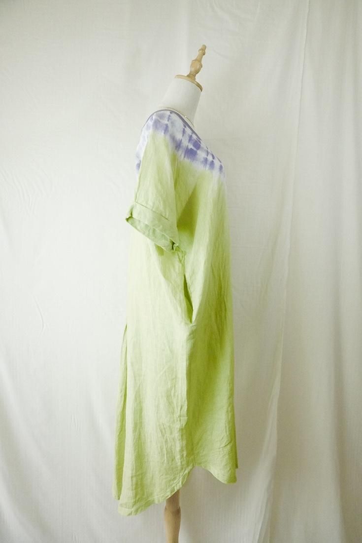 French Linen Relax Dress Olive x Amethyst 