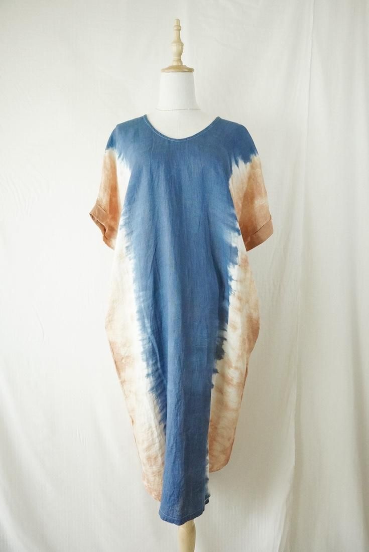 French Linen Relax Dress Navy x Terracotta 