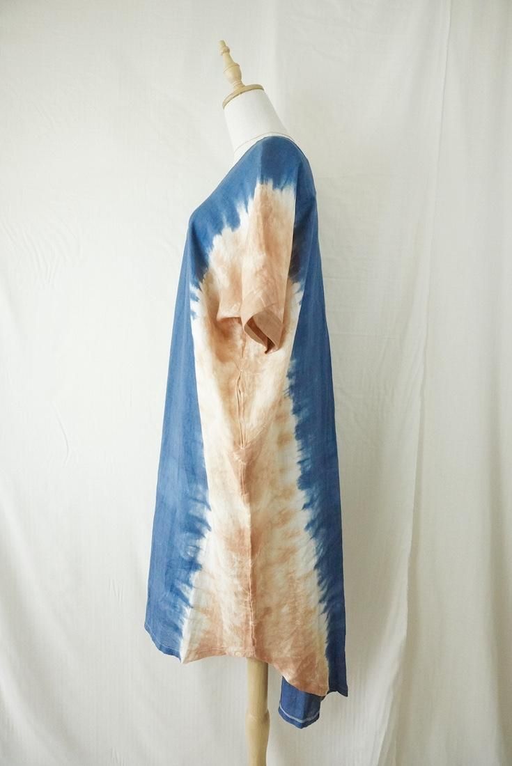 French Linen Relax Dress Navy x Terracotta 
