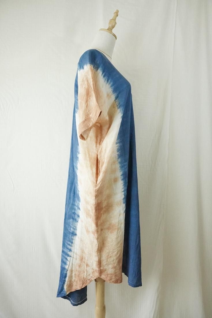 French Linen Relax Dress Navy x Terracotta 