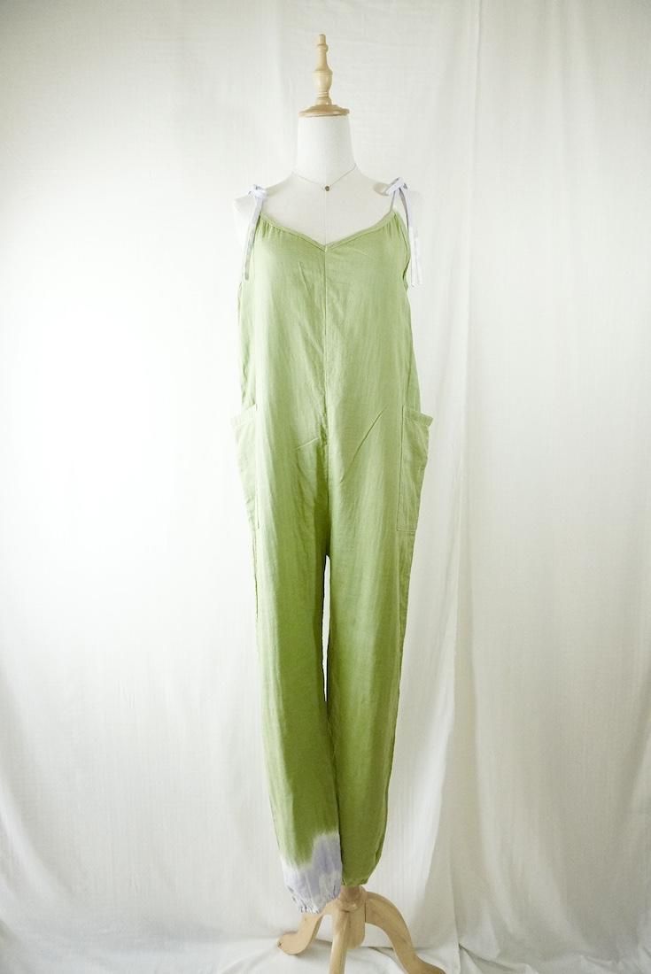 W-gauze  Ribbon long rompers  Moss Green x Lilac