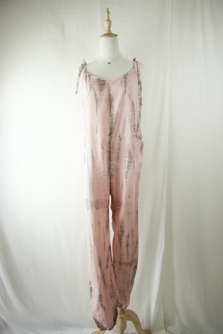 W-gauze  Ribbon long rompers  Pinkbeige x Greige