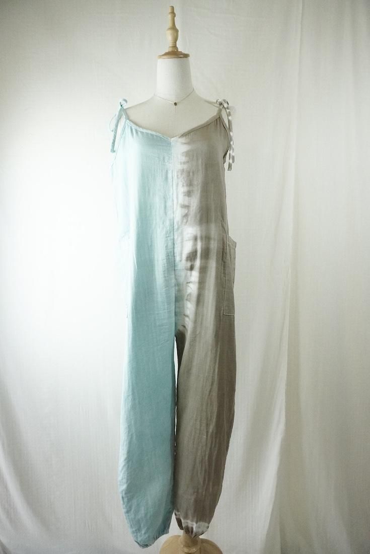 W-gauze  Ribbon long rompers  Greige x IceMint