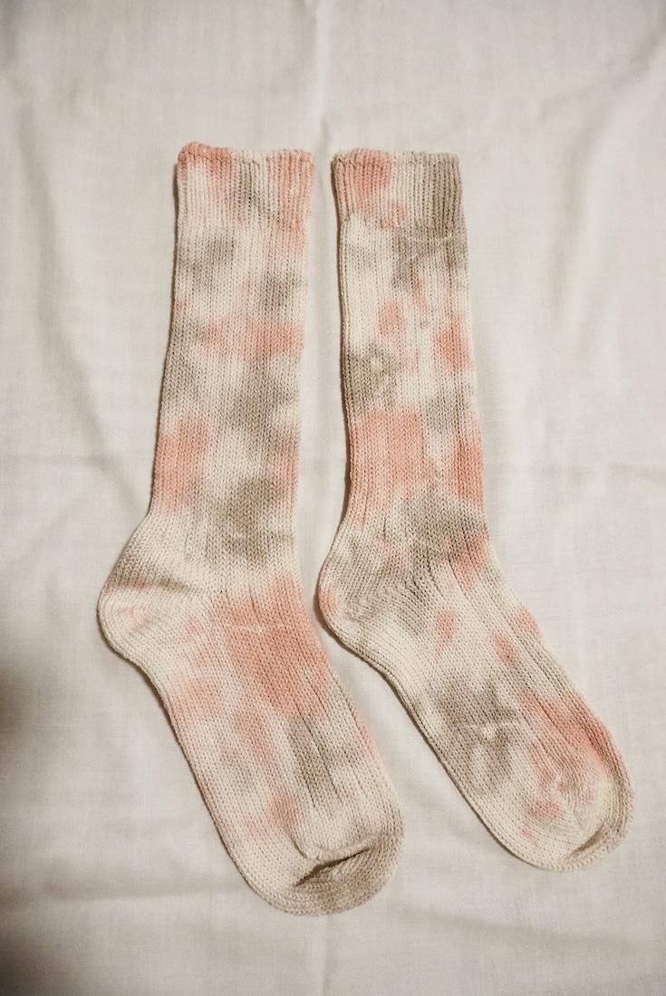 Organic Cotton Low gauge socks 1color SHIBORI Greige x Salmon 