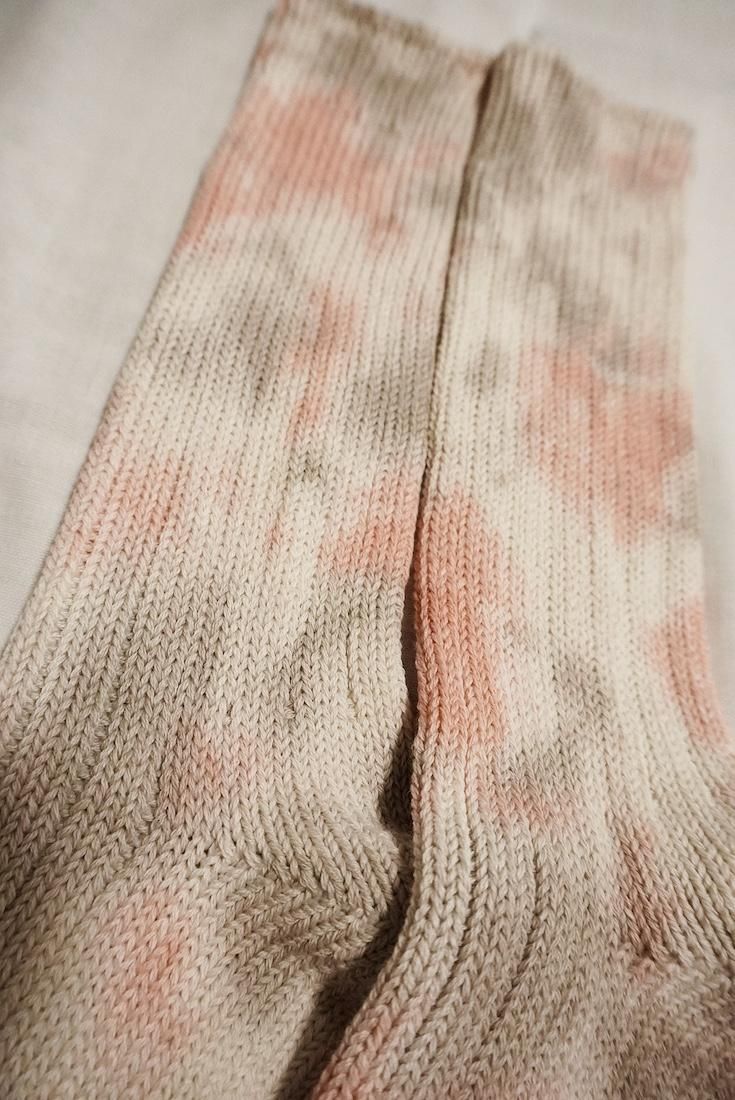 Organic Cotton Low gauge socks 1color SHIBORI Greige x Salmon 
