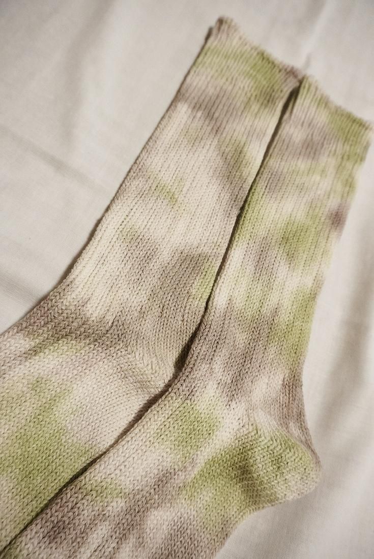 Organic Cotton Low gauge socks 1color SHIBORI Greige x Olive 