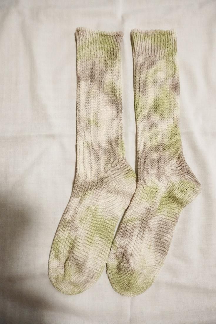 Organic Cotton Low gauge socks 1color SHIBORI Greige x Olive 