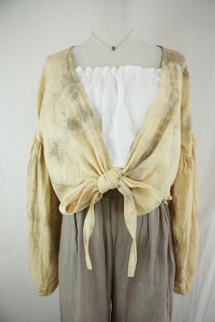 W gauze  Puff sleeve cardigan  Custard x Greige
