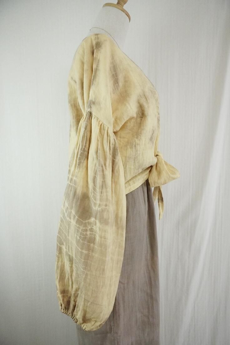 W gauze  Puff sleeve cardigan  Custard x Greige