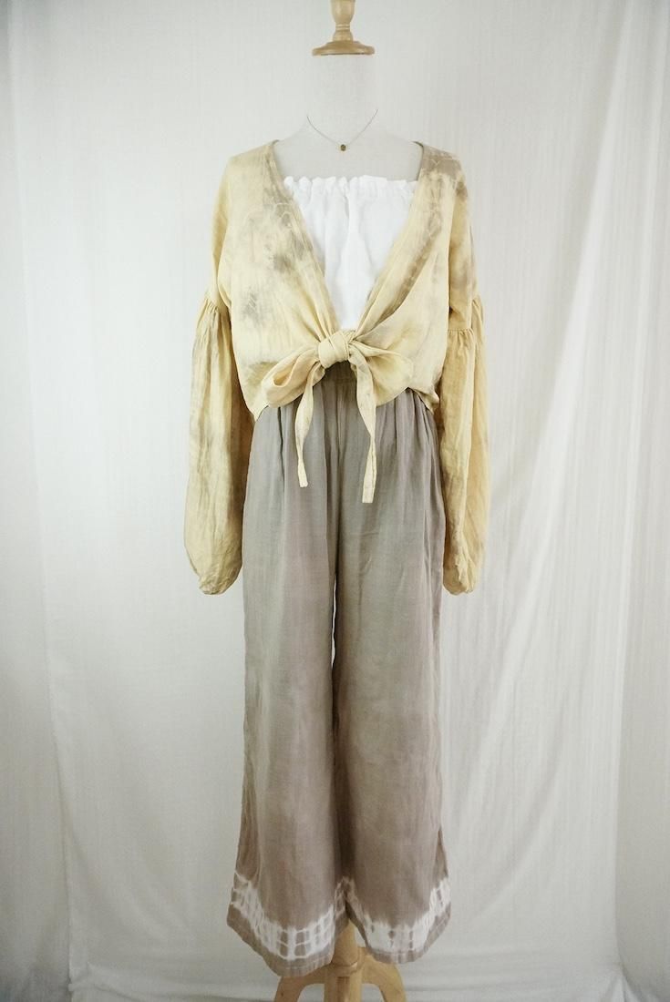 W gauze  Puff sleeve cardigan  Custard x Greige