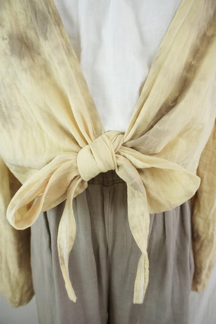 W gauze  Puff sleeve cardigan  Custard x Greige