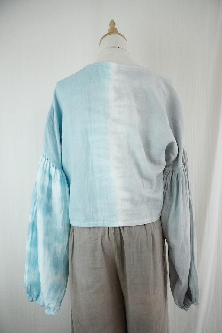 W gauze  Puff sleeve cardigan  LightGray x AshBlue