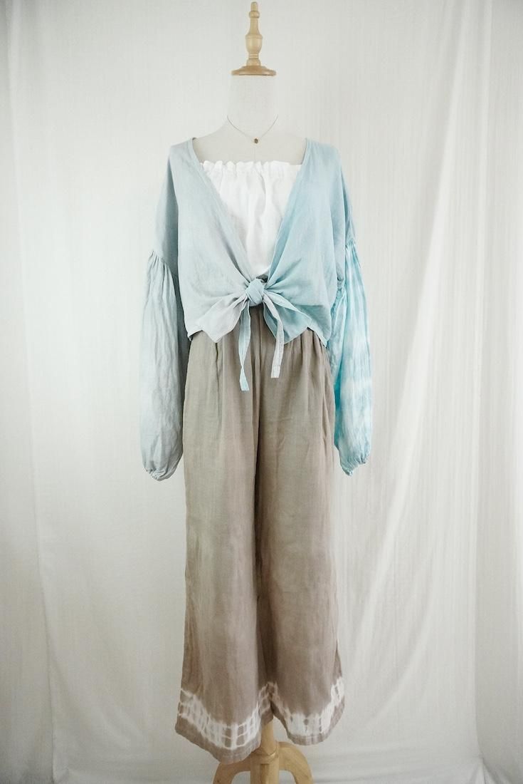 W gauze  Puff sleeve cardigan  LightGray x AshBlue