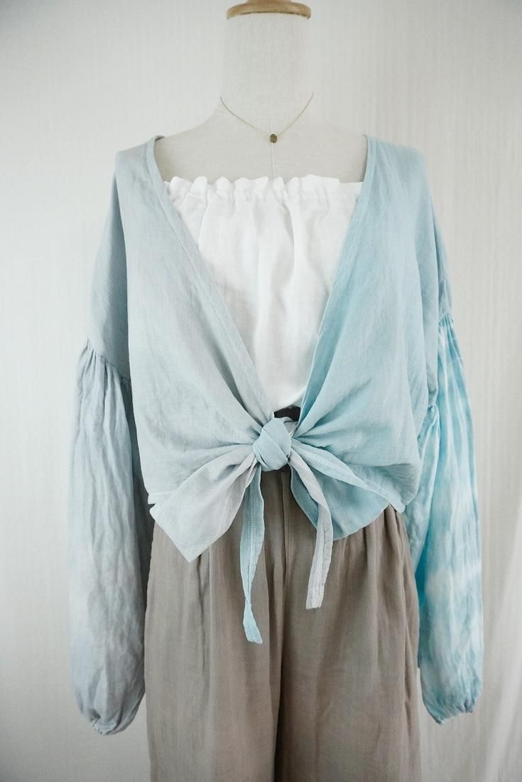 W gauze  Puff sleeve cardigan  LightGray x AshBlue