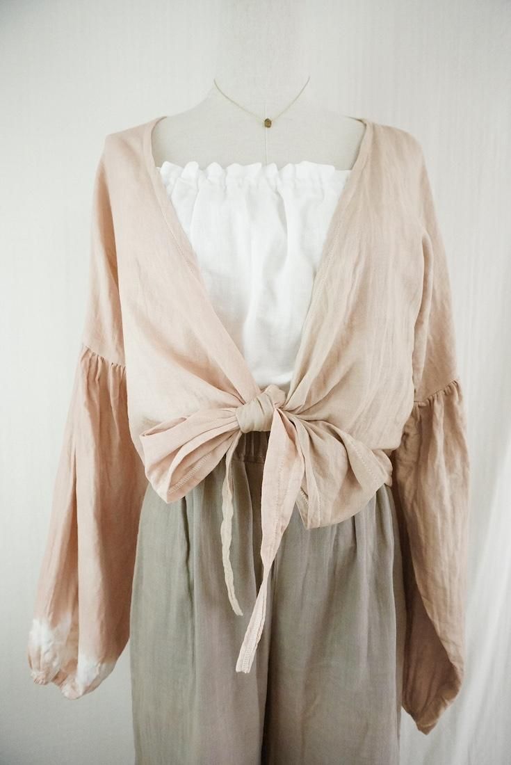 W gauze  Puff sleeve cardigan “ Cafelate x Orangebeige”