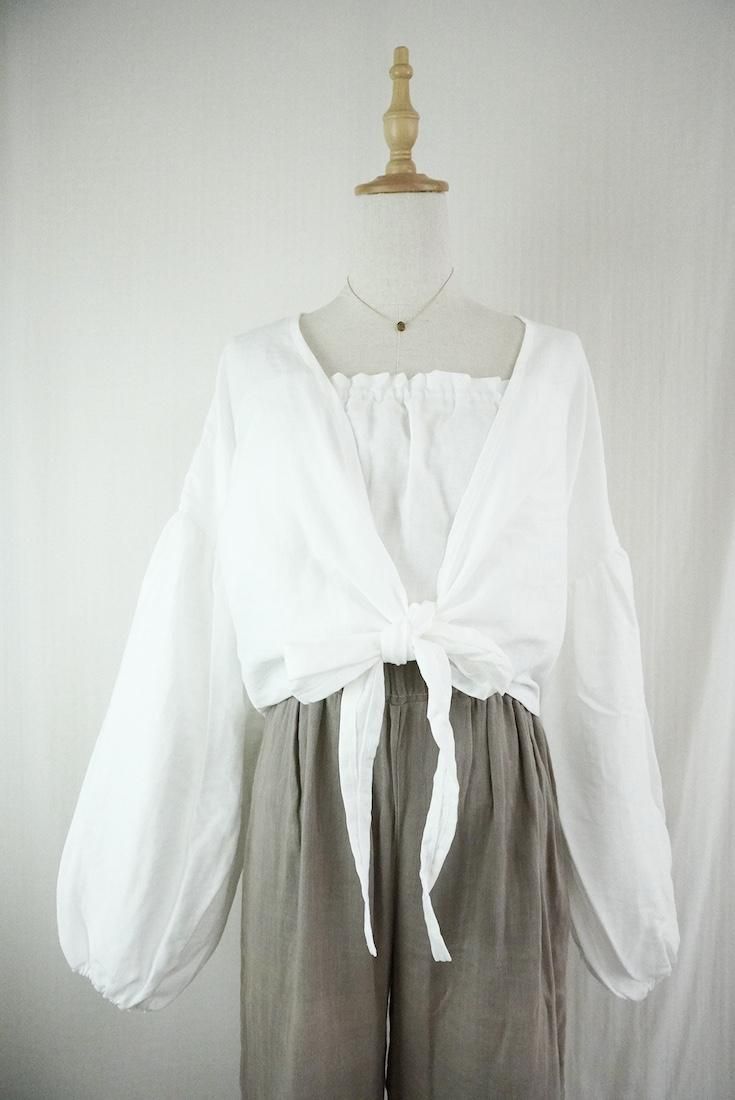 W gauze  Puff sleeve cardigan Natural