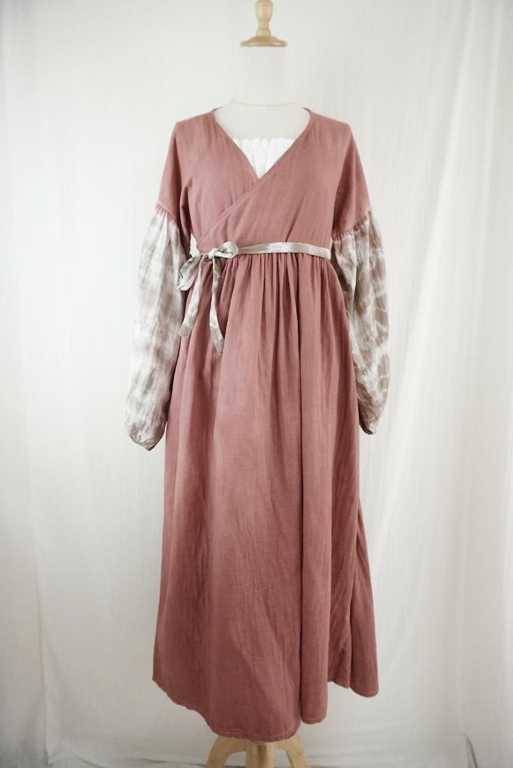 W-gauze Puff sleeve wrap long dress  Bordeaux x Taupe