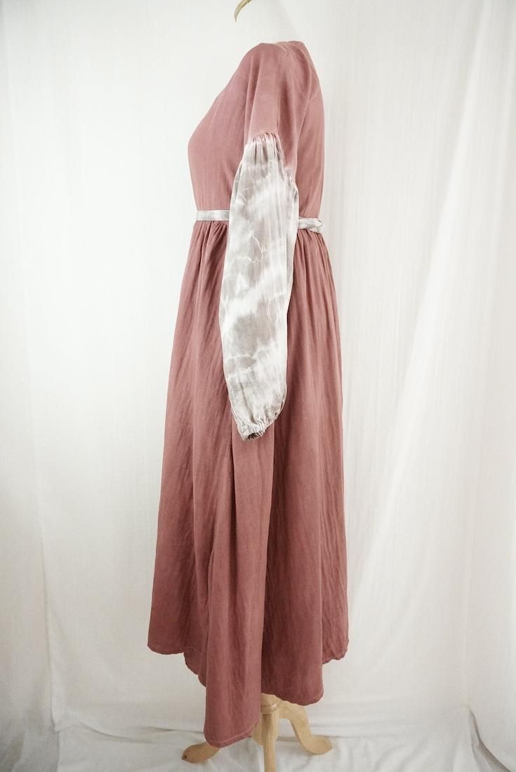 W-gauze Puff sleeve wrap long dress  Bordeaux x Taupe