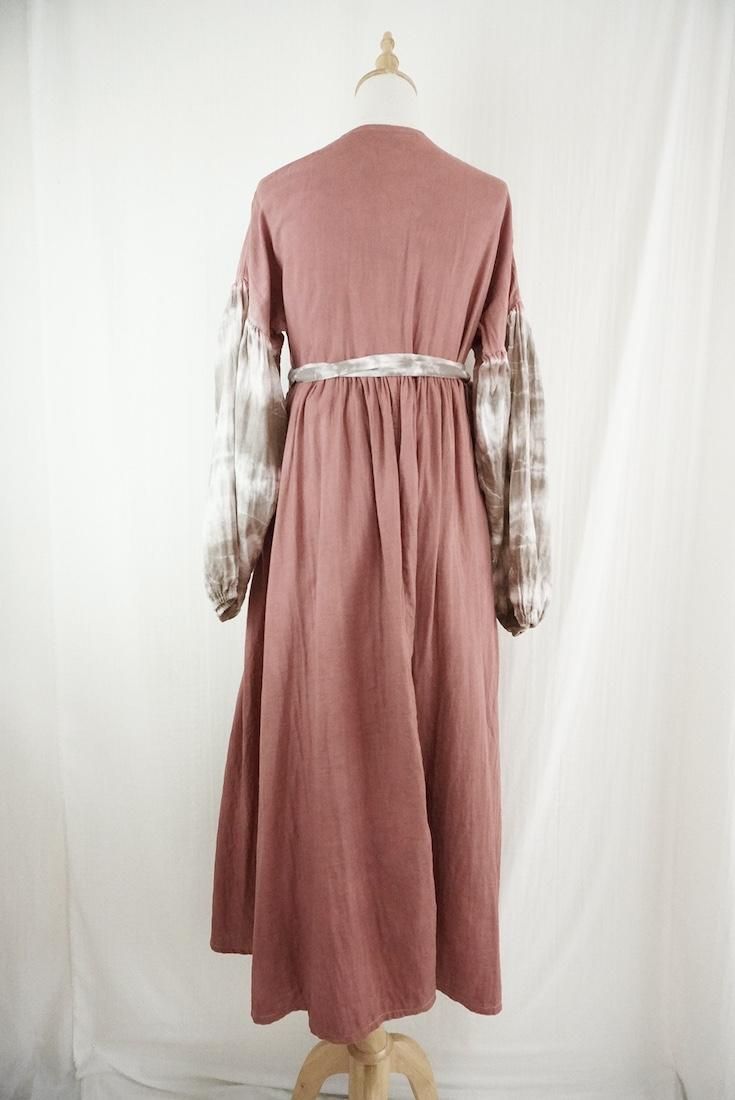 W-gauze Puff sleeve wrap long dress  Bordeaux x Taupe
