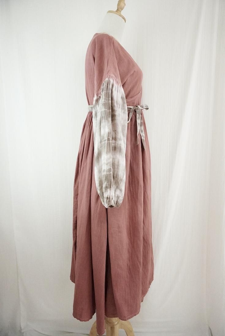 W-gauze Puff sleeve wrap long dress  Bordeaux x Taupe