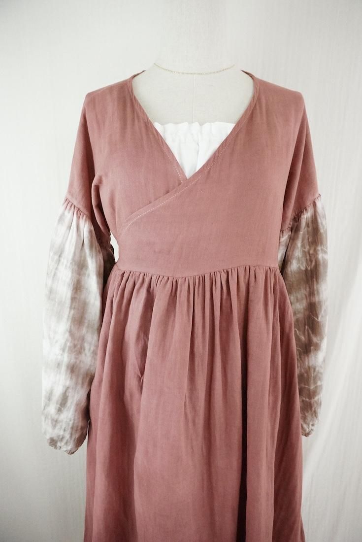W-gauze Puff sleeve wrap long dress  Bordeaux x Taupe
