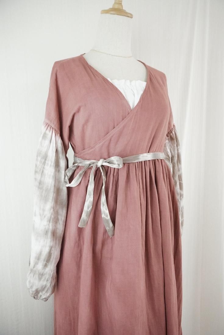 W-gauze Puff sleeve wrap long dress  Bordeaux x Taupe