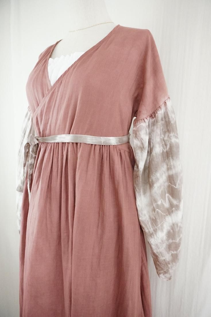 W-gauze Puff sleeve wrap long dress  Bordeaux x Taupe