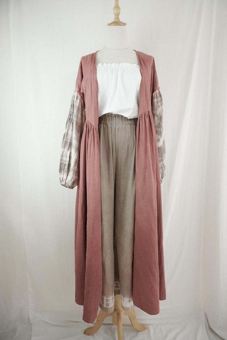 W-gauze Puff sleeve wrap long dress  Bordeaux x Taupe