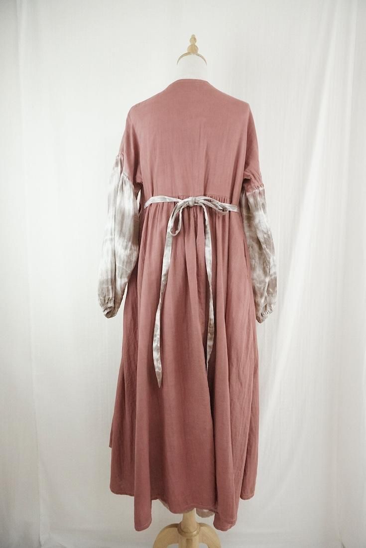 W-gauze Puff sleeve wrap long dress  Bordeaux x Taupe