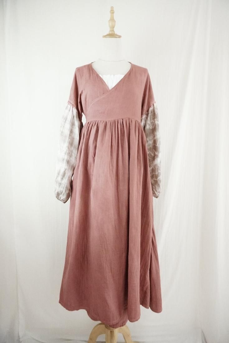 W-gauze Puff sleeve wrap long dress “ Bordeaux x Taupe”