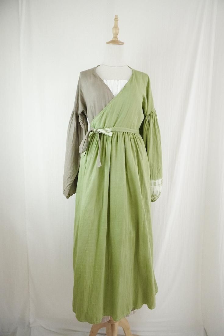 W-gauze Puff sleeve wrap long dress  MossGreen x Greige