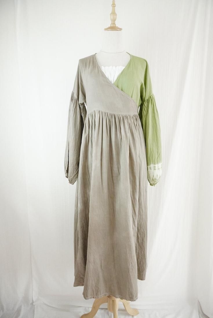W-gauze Puff sleeve wrap long dress  MossGreen x Greige