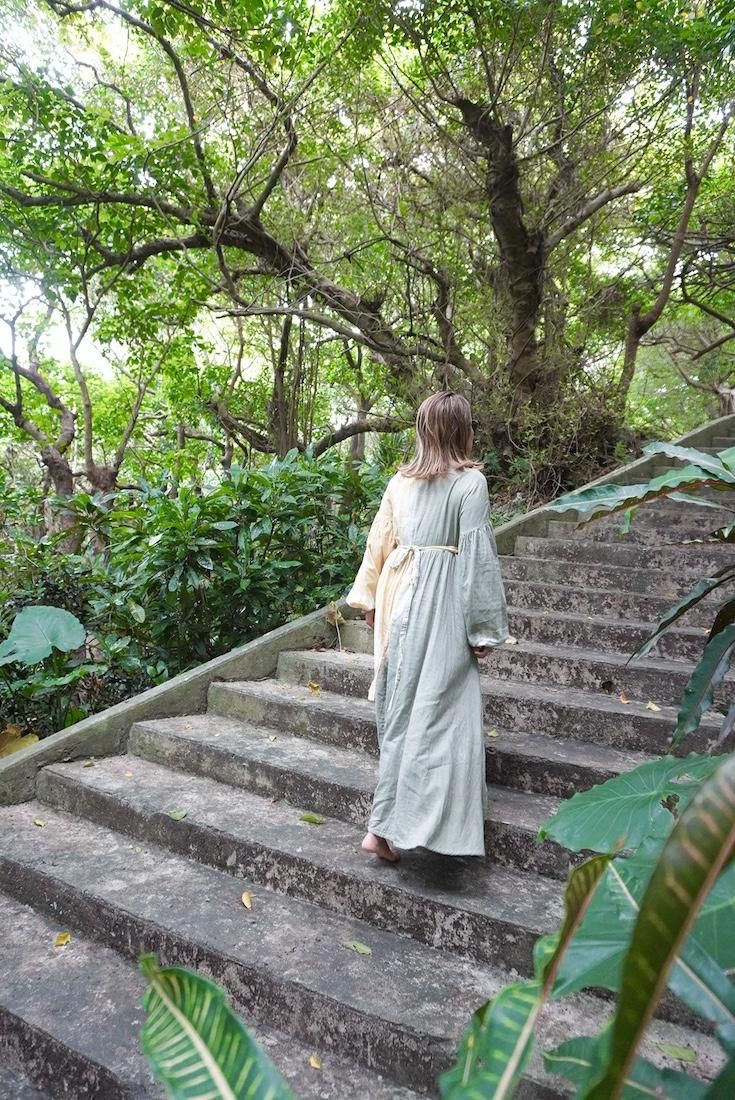 W-gauze Puff sleeve wrap long dress  MossGreen x Greige